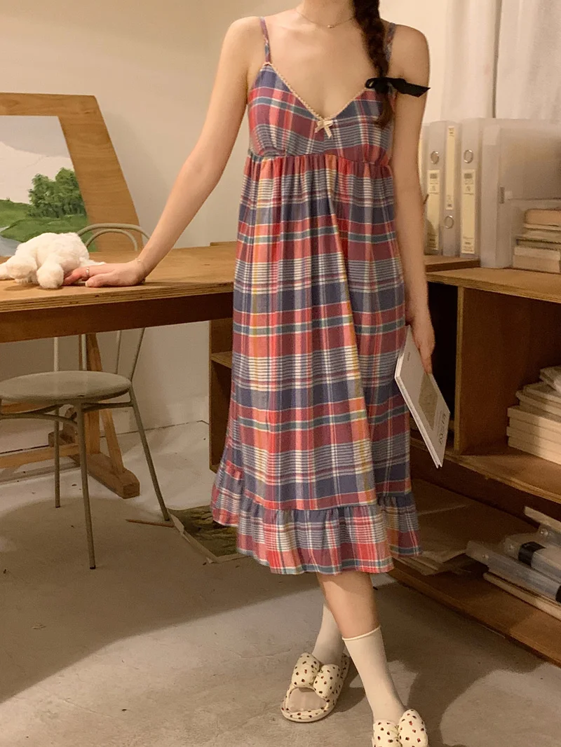 Sanding Plaid Spaghetti Strap Nightgown Women Summer Sleeveless Sleepwear Casual Loose Girls Midi Home Wear Clothes Sexy S254 
Sanding Plaid Spaghetti Strap Nightgown Women Summer Sleeveless Sleepwear Casual Loose Girls Midi Home Wear Clothes Sexy S254