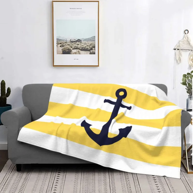 

Nautical Navy Blue Anchor Yellow Stripes Blankets Warm Flannel Sailing Sailor Throw Blanket for Bedroom Office Bedspreads