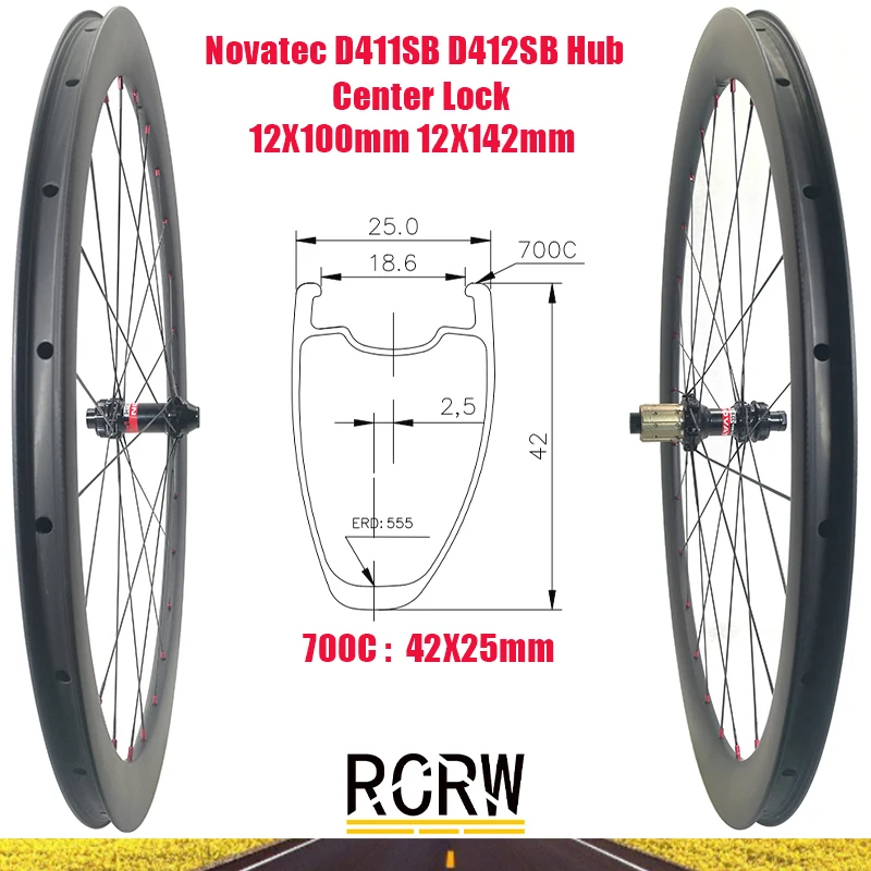 

700C 42x25mm Wheelset Carbon Rim 24 Hole Deep 42 Wide 25 Asymmetric Tubeless Novatec D411SB D412SB Center Lock HG XD XDR Hub