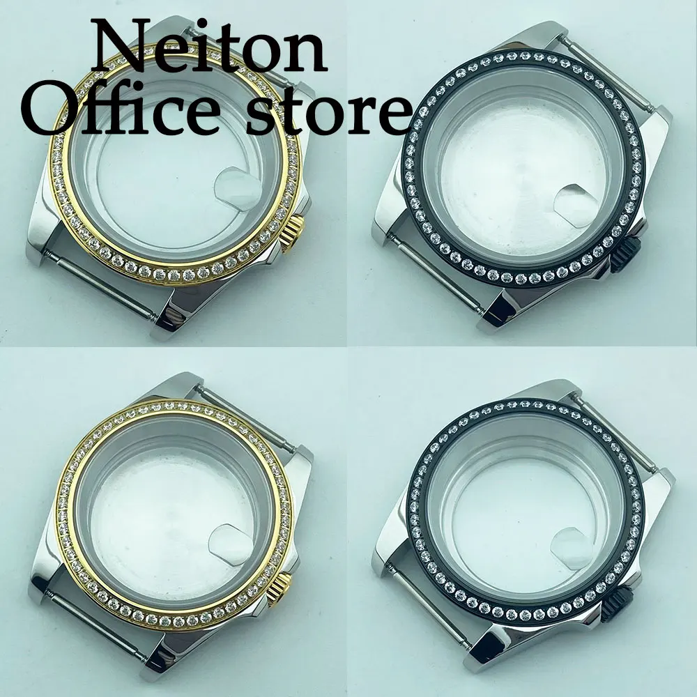 

NEITON 40mm silver gold black watch case sapphire glass gemstone bezel fit NH35 NH36 NH34 ETA2824 PT5000 movement