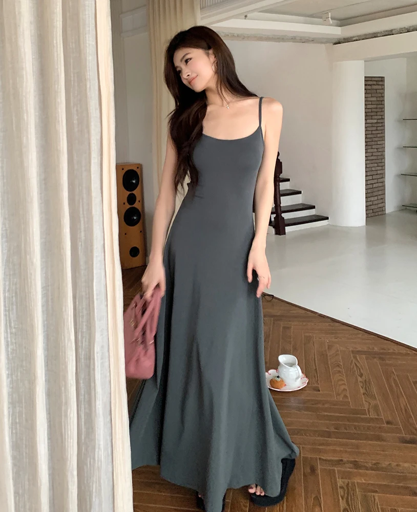 spring and summer new dance raw black gray simple thin U-neck long sling dress female
spring and summer new dance raw black gray simple thin U-neck long sling dress female