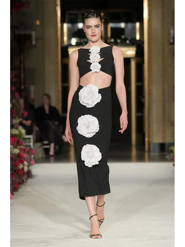 Женское облегающее платье миди без рукавов, черное коктейльное платье с V-образным вырезом и 3D цветами, с вырезами
Женское облегающее платье миди без рукавов, черное коктейльное платье с V-образным вырезом и 3D цветами, с вырезами
