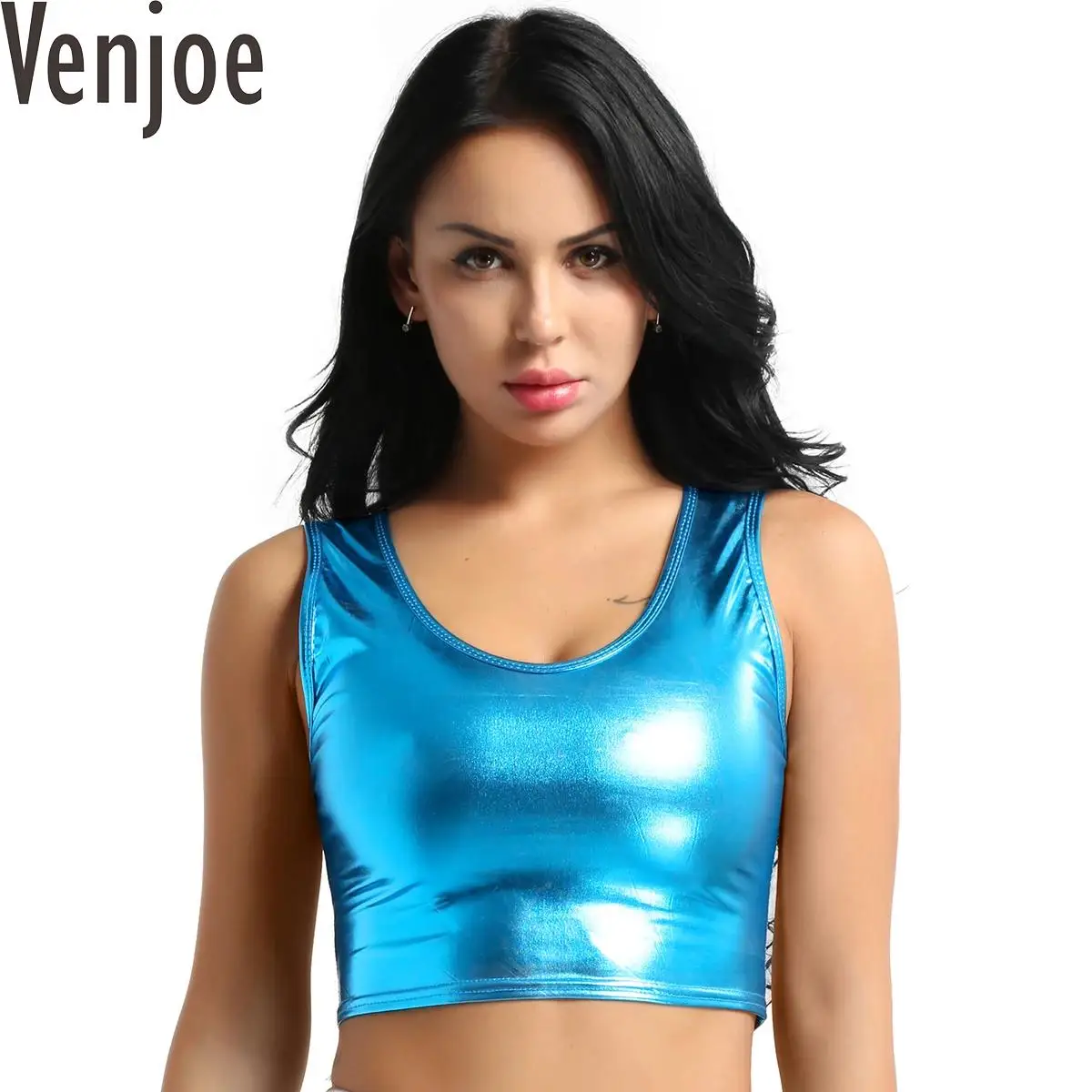 

Womens Shiny Metallic Scoop Neck Crop Top Vest Bustier Cami Tank Top Blouse Top Tee Shirt Rave Dance Party Vest Tops Clubwear