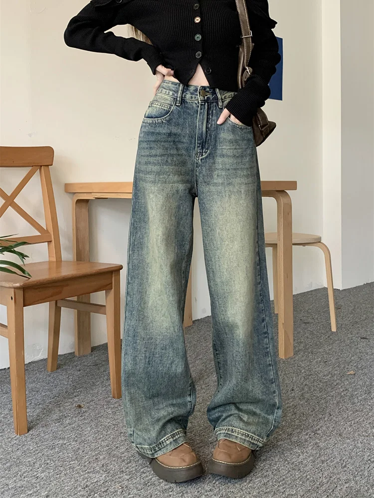 

Slergiri Streetwear High-waisted Baggy Jeans Women American Retro Y2K Loose Washed Distressed Straight Wide-leg Denim Trousers