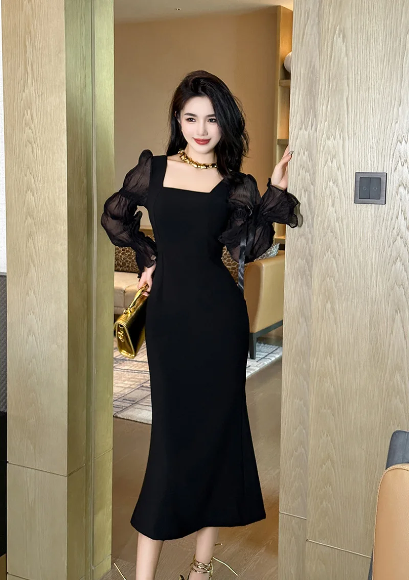 French Square Collar Black Dress Flare Sleeve Solid High Waist Women's Elegant Dresses Autumn and Winter New Long Dress Woman
French Square Collar Black Dress Flare Sleeve Solid High Waist Women's Elegant Dresses Autumn and Winter New Long Dress Woman
