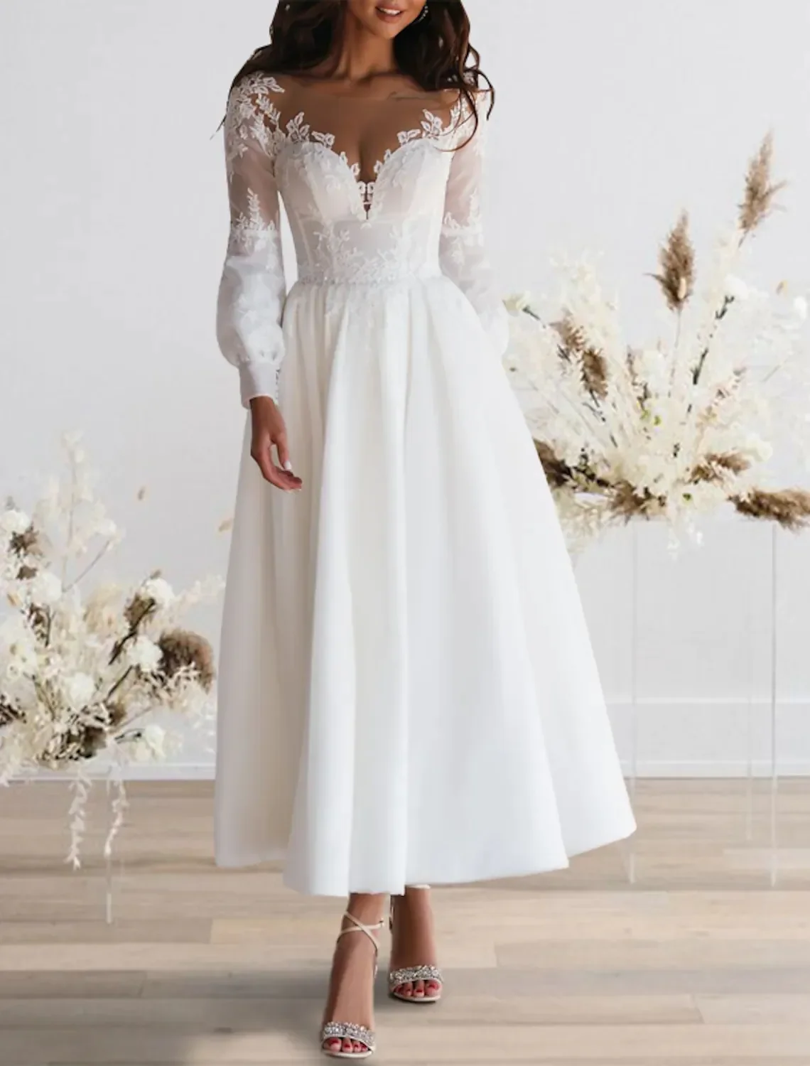 

New Custom wedding dress 2024 Ankle-Length A-Line sexy V-neck Long Sleeve Illusion Neck applique lace bridal gown for wedding