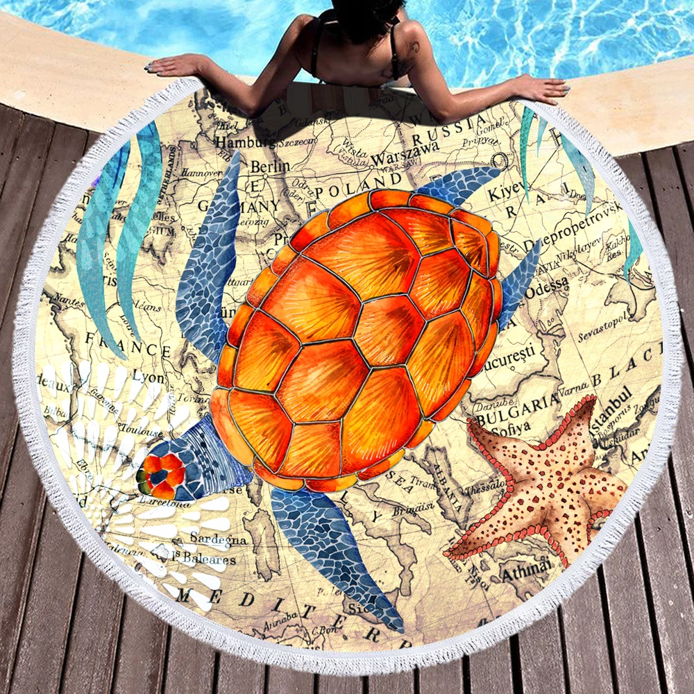 

150CM Round Beach Towel Undersea World Turtle Octopus Shower Bath Towels Microfiber Seaside Swim Circle Yoga Mat with Tassels