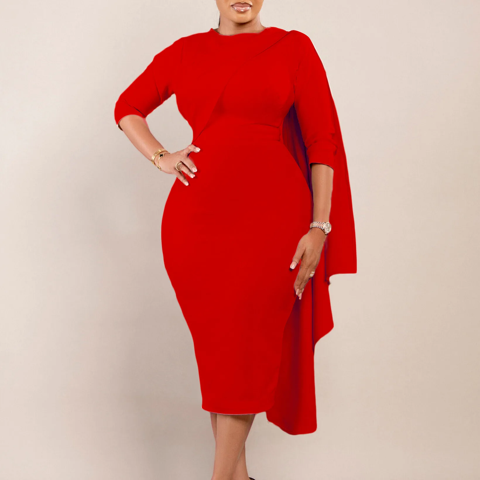 

Bodycon Sexy Dresses Elegant Fashion Cloak 3/4 Sleeves Slim Pencil Dress Female O-neck Collar Solid Office Lady Africa OL Dress