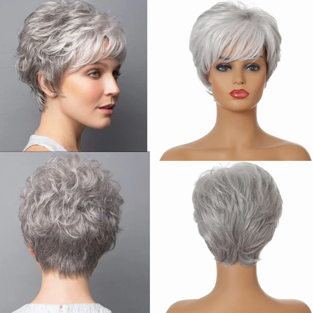 

New Fashion Wigs Women's Short Curly Synthetic Hair Gray White Mixed Color Oblique Bang Head Cover