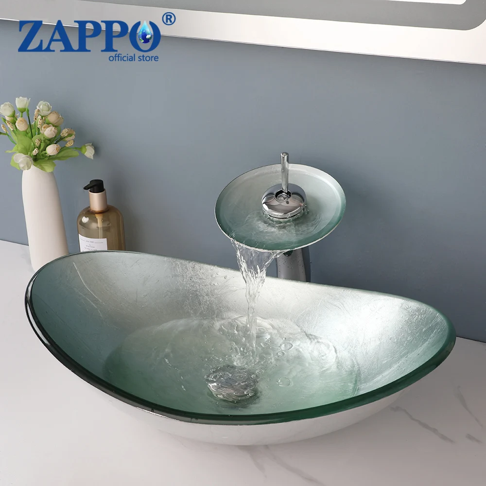 

ZAPPO Silver Bathroom Oval Glass Vessel Sink Basin Combo Waterfall Faucet Pop Up Drain Combo Set Washbasin Sinks Faucets Tap Set
