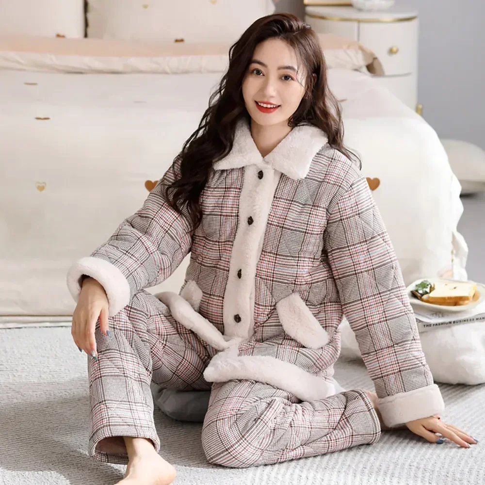 

Plaid Fashion Pajamas Loungewear Flannel Mujer Antistatic Thicken Layer Cotton Set Pijama Women Warm Winter 100% 3-layer Inner