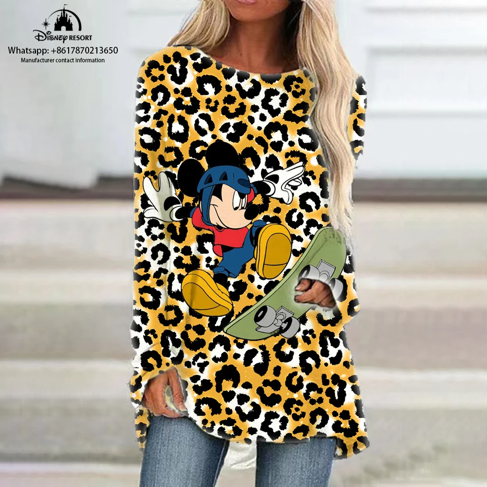 

Disney Mickey Minnie Sexy Leopard Miniskirt Fall Ruffle Long Sleeve T-Shirt Women's Elegant Party Leopard T-Shirt