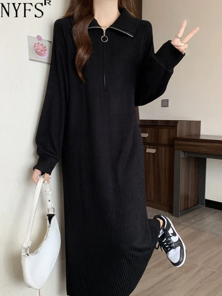 

NYFS 2023 Autumn Winter New Korean Woman Dress Vestidos Robe Elbise Loose Plus Size Cashmere POLO Neck Long Dress