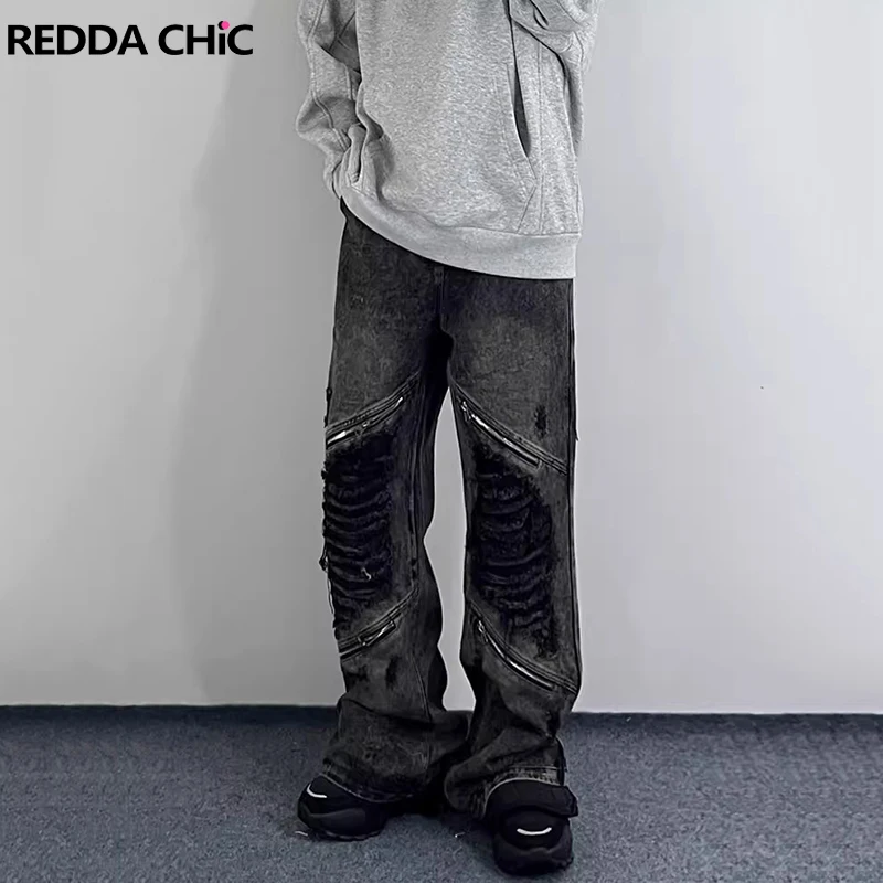 

REDDACHIC Hiphop Men Torn Baggy Jeans Harajuku Vintage Black Trousers Distressed Wide Leg Casual Pants Grunge Y2k Streetwear