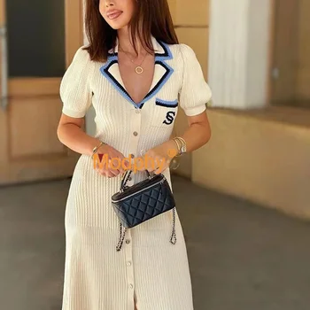 Vestido de Noite Clássico Francês para Ocasiões Especiais 10 Modphy 2024 Elegant Slim Knitted Long Dress Women's Letter Single Breasted Long Sleeved Designer Vintage Dresses Autumn