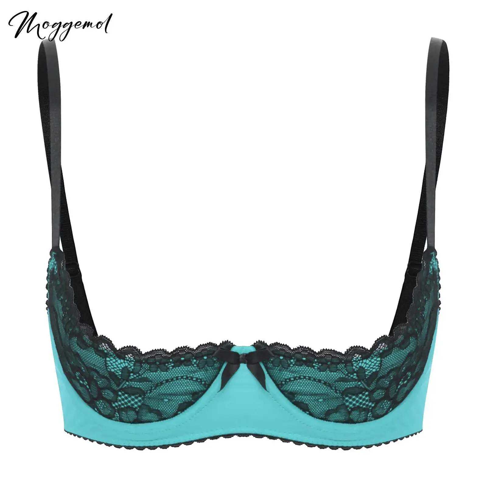 

Womens Sexy Lingerie Open Chest Bra Adjustable Spaghetti Straps Underwire Half Cup Bow Lace Push Up Balconette Bra Underwear