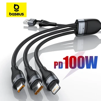 Baseus 마이크로 USB C 타입 케이블, 아이폰 15, 14, 13 프로, 11, XR 충전기 케이블, 맥북 프로, 삼성, 샤오미, 3 인 1, 100W