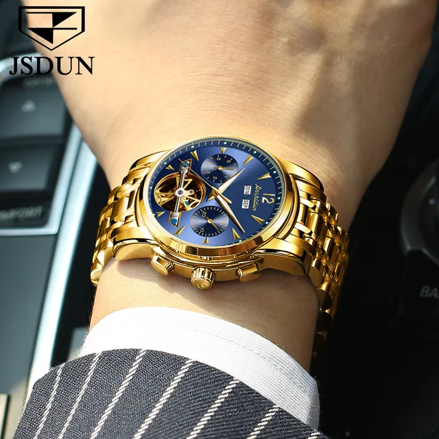 JSDUN-Montre mécanique en acier inoxydable pour homme, marque originale, bracelet de luxe, année, mois, amissié, mode, étanche 2