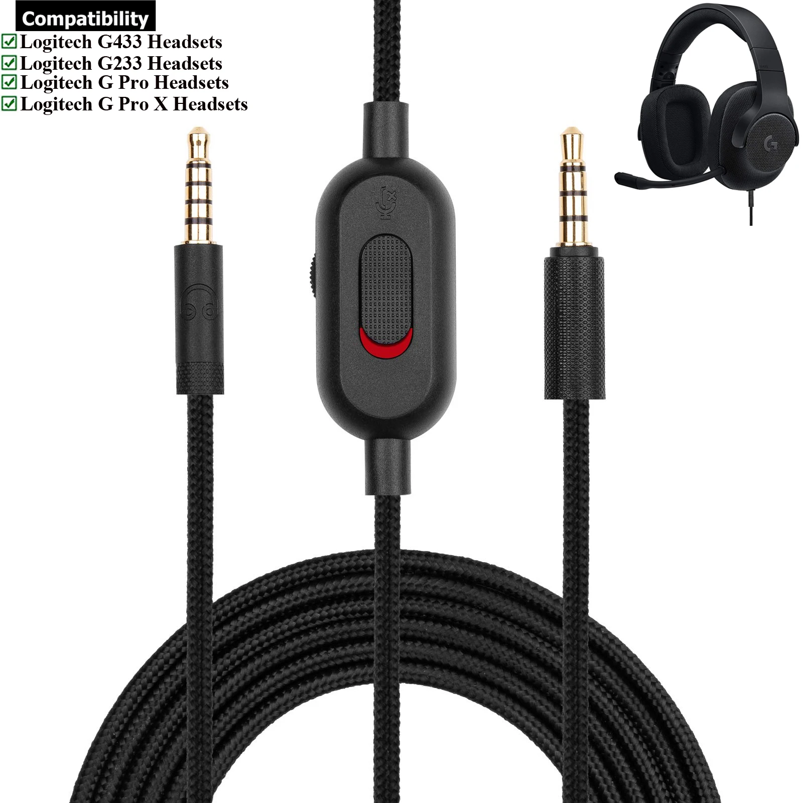 2.0M Braided Replacement Cable Extension Cord Wire for Logitech G433 G233 G Pro X Gaming Headset With Mute Volume Control Clip |