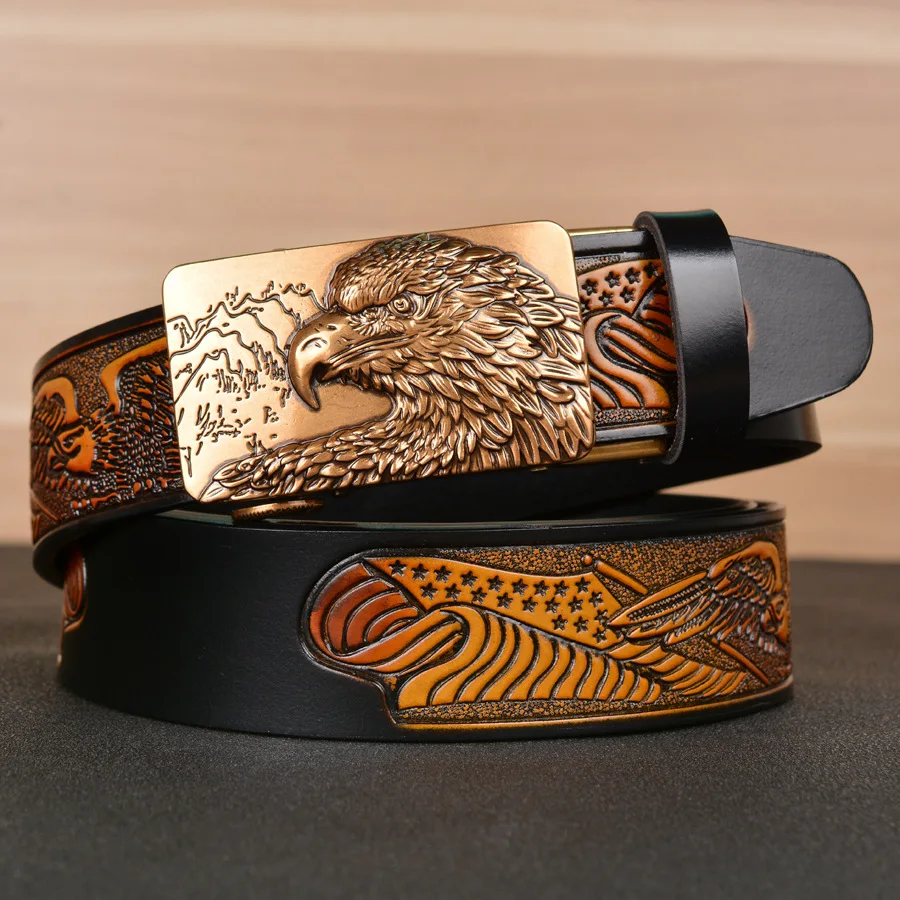 

New Cowhide Men's Belt - Eagle Spreads Wings, Embossed Flying Eagle Automatic Buckle Belt - Foreign Trade Personalized Jeans Bel