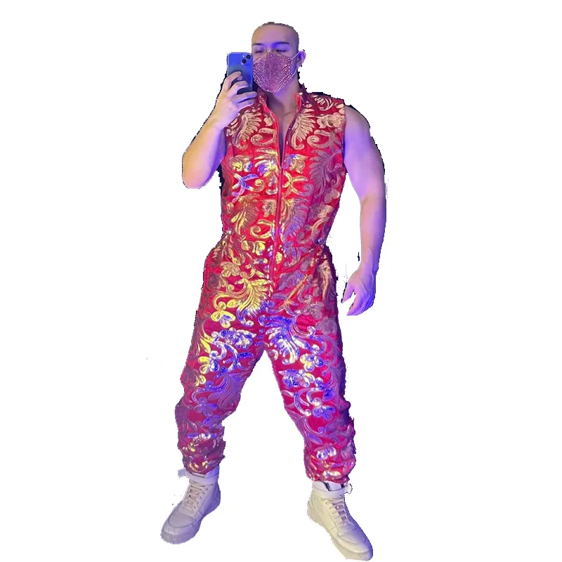 Performance Clothes Embroidery Sequins Jumpsuit Sleeveless Male Rock Band Concert Stage Wear Nightclub Costume
Performance Clothes Embroidery Sequins Jumpsuit Sleeveless Male Rock Band Concert Stage Wear Nightclub Costume