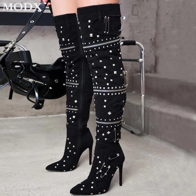 

Rivet Pin Design Vintage Over The Knee Boot 2024 New Pointed Toe Stiletto Zip Decoration Thigh-high Boots Catwalk Runway Shoes