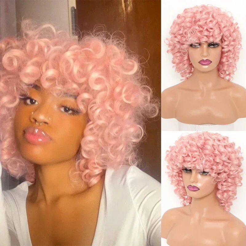 

Short Afro Bouncy Loose Curly Bob Wig 12 Inch Afro Kinky Curly Wigs with Bangs Pink Synthetic Fulffy Curly Wig for Women Cosplay