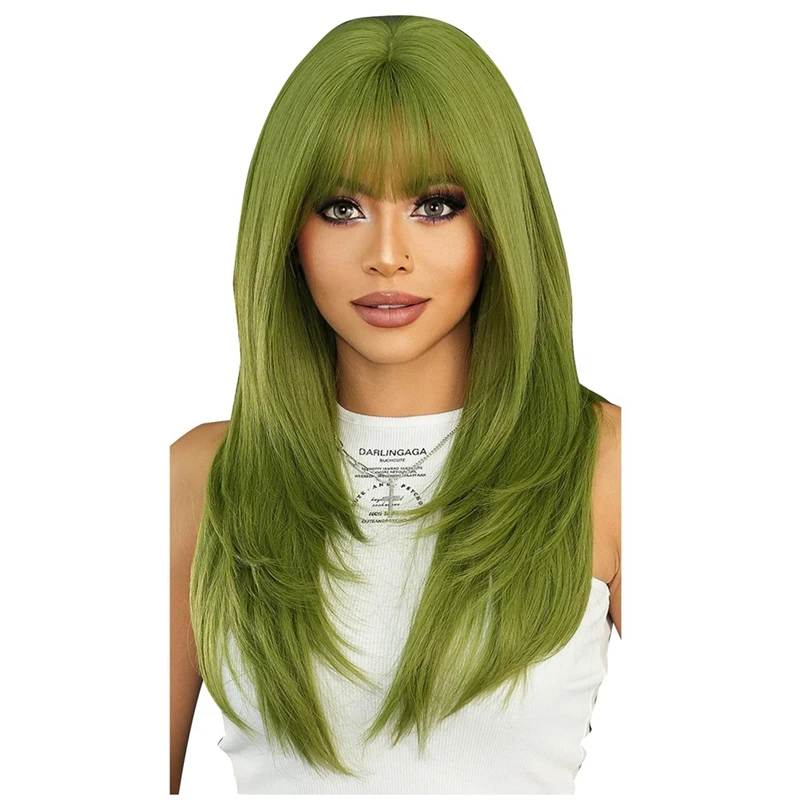 

Wig Long Straight Green Synthetic Wig With Bangs Layered Straight Medium Long Anti-Heart Women Party Cospaly Wig(24Inch)