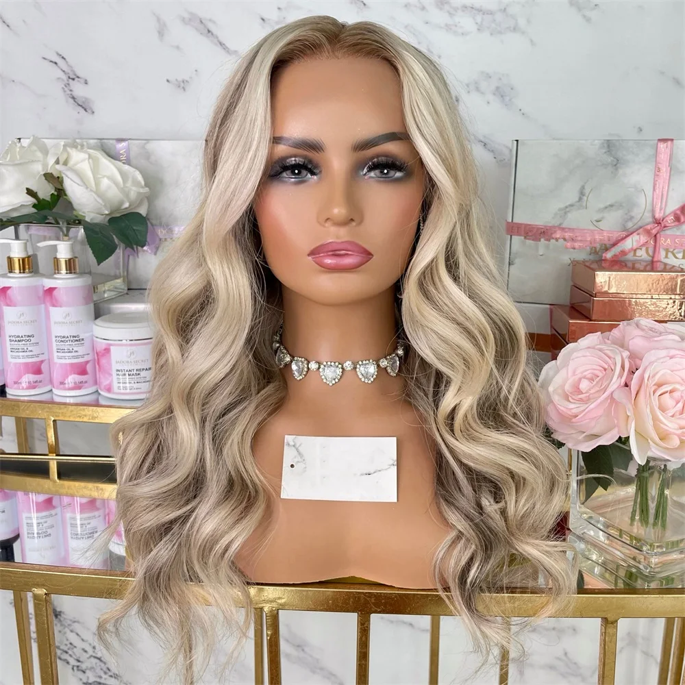 

Full Lace Human Hair Wigs Creamy Platinum with Ash Lowlights and Shadow Roots Glueless Lace Front Wig 13x6 HD Transparent Lace