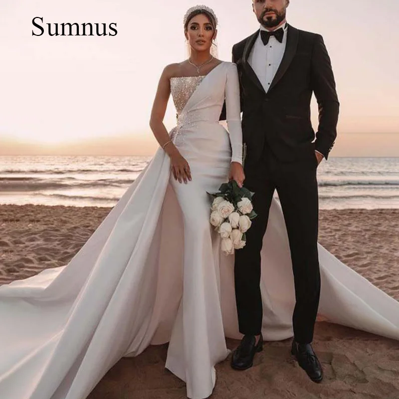 Beach Mermaid Wedding Dresss Beads Satin One Shoulder Bride Dress Formal Dubai Bridal Gown Long Train Detachable Custom Made
Beach Mermaid Wedding Dresss Beads Satin One Shoulder Bride Dress Formal Dubai Bridal Gown Long Train Detachable Custom Made