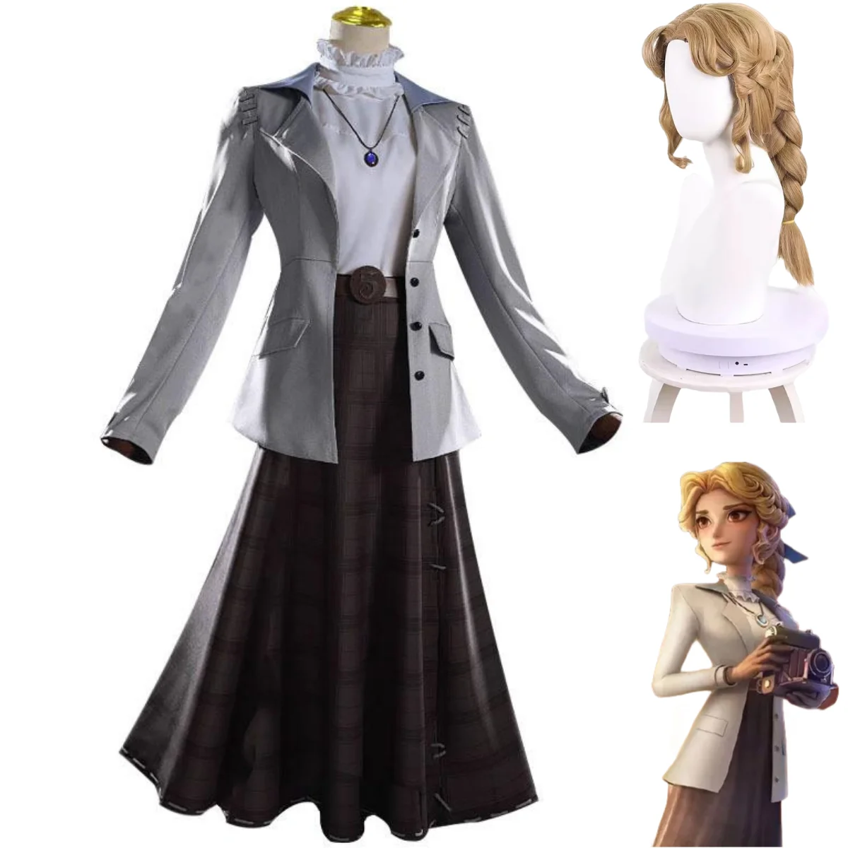 

Anime Game Identity ⅤAlice Dross Reporter Cosplay Costume Long Sleeved Coat Lattice Skirt Uniform Woman Halloween Carnival Suit