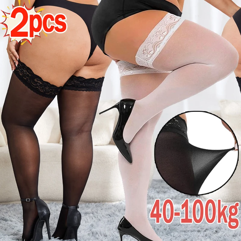 

2Pairs Women Plus Size High Elastic Sexy Lace Stockings Thigh High Socks Transparent Over Knee Sock Temptation Pantyhose Tights