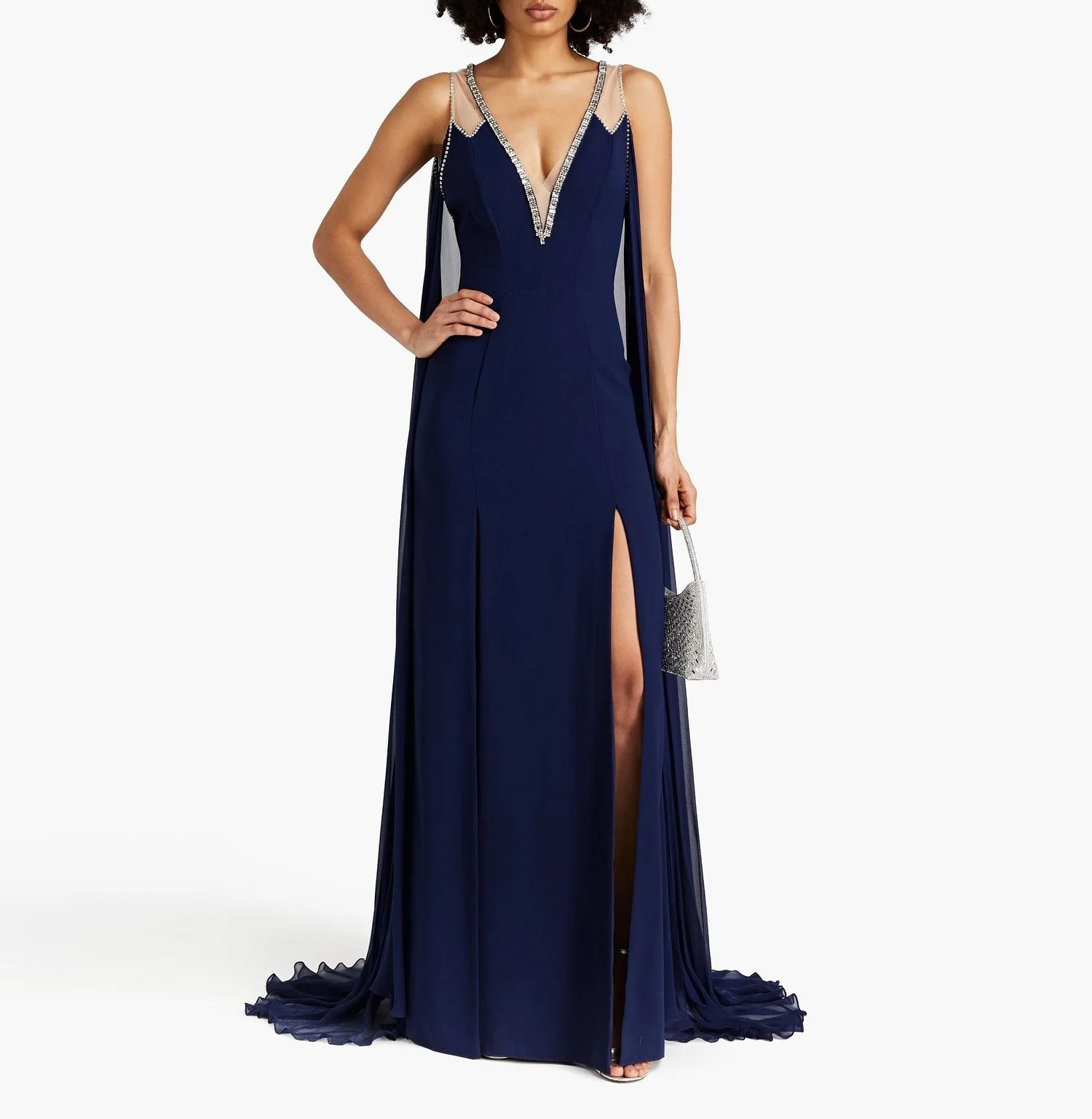 

Welove Deep V Neckline Evening Gowns with High Slit Crystal Formal Occasion Dress with Shawl فساتين vestidos de fiesta