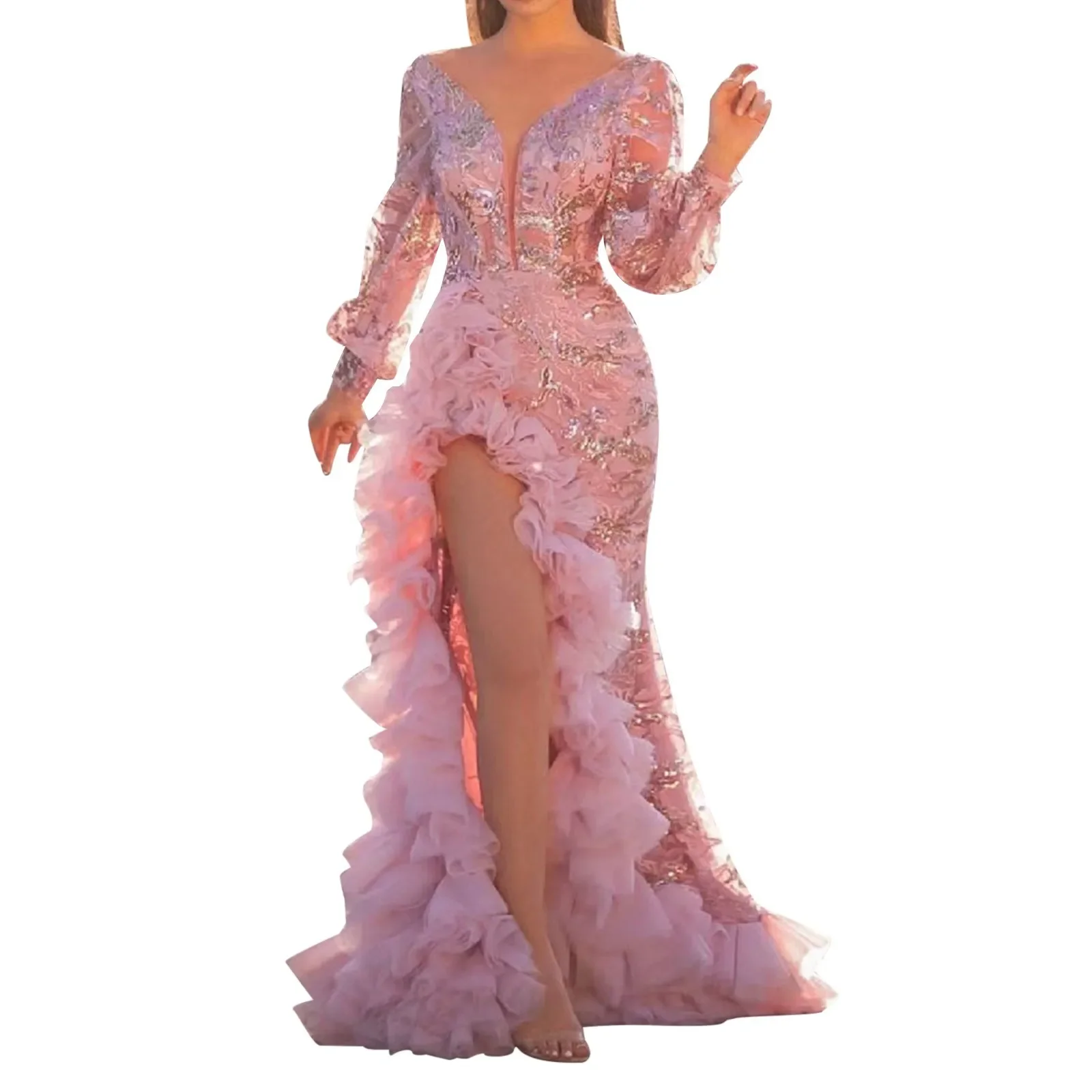 Elegant Lady Evening Party Dress Female Night Club Prom Wedding Long Maxi Dress Women Sexy V Neck Split Side Ruffles Pink Dress
Elegant Lady Evening Party Dress Female Night Club Prom Wedding Long Maxi Dress Women Sexy V Neck Split Side Ruffles Pink Dress