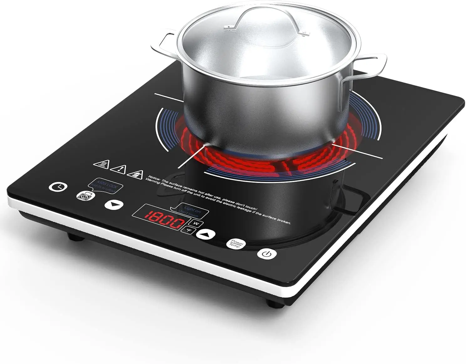 

Portable, Hot Plate Single Burner Stove Top Infrared Cooktop 1800W,4-Hour Setting,Black Crystal Glass Surface Compatible for Al