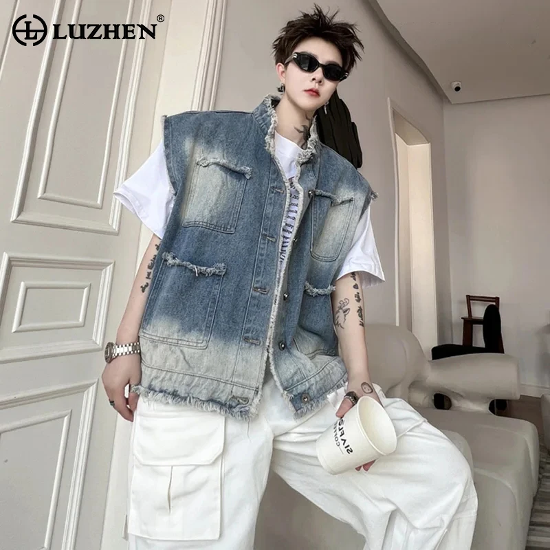 

LUZHEN Korean New Denim Washed High Street Men's Sleeveless Vests Vintage Casual Clothing Loose Waistcoat Fashion Jacket A67581