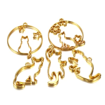 5Pcs/Set Metal Frame DIY Jewelry Necklace Pendant Gold Kitten Cat Cute Hollow Frames UV Epoxy Resin Tools Accessories Handmade