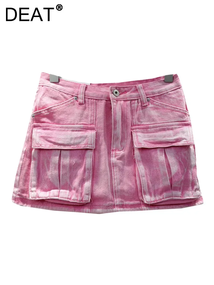 

DEAT Women's Denim Skirt High Waist Washed Pink Patchwork 3d Pockets Wrap Hip Short Mini Skirts 2024 Summer New Fashion 29L6254