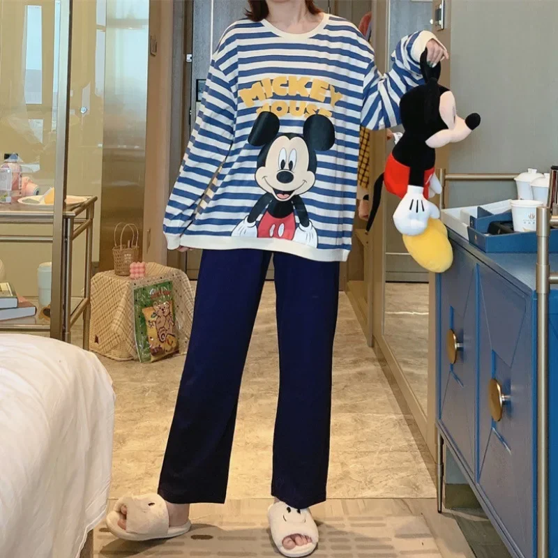 

cartoon Mickey striped print pajamas women's spring autumn long-sleeved trousers 2pcs cute Mickey Mouse new home wear set Disney