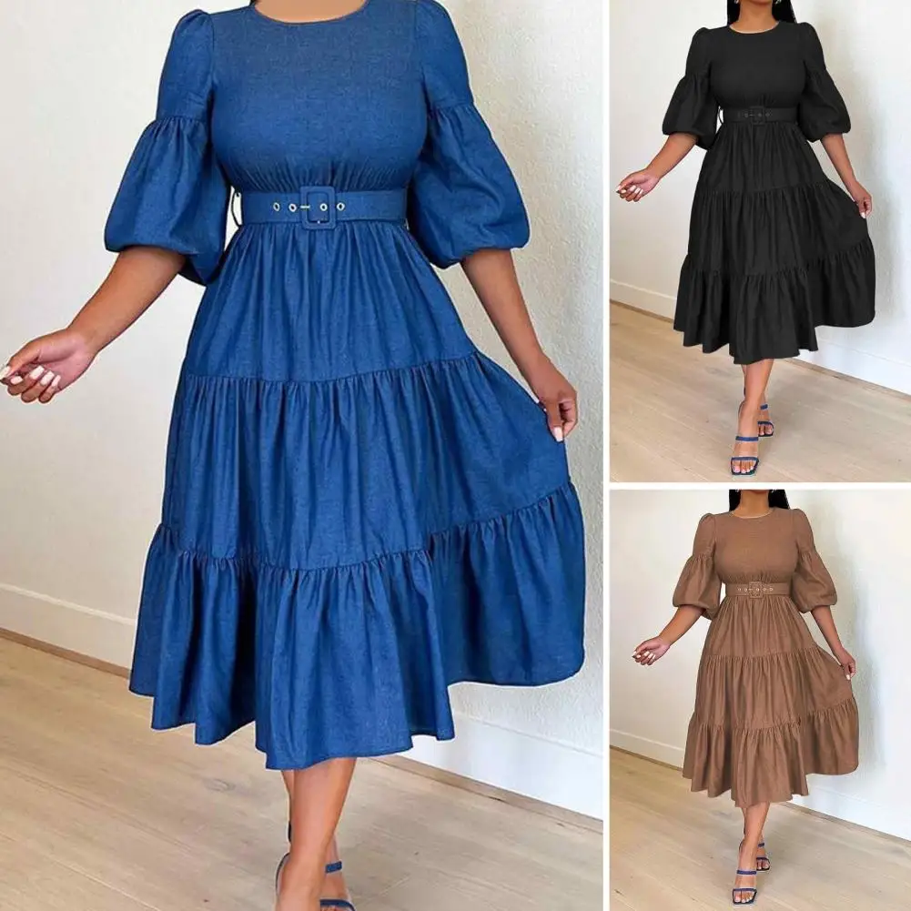 

Loose Waistline Dress Elegant A-line Midi Dress with Puff Sleeves Belted Waist Soft Patchwork Pleats for Women Loose Fit Swing