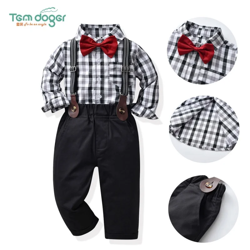 

Детский клетчатый костюм-рубашка, брюки на подтяжках, одежда для выступлений, детская одежда из двух предметов, оптовая продажа, кардиган с бантом и лацканами