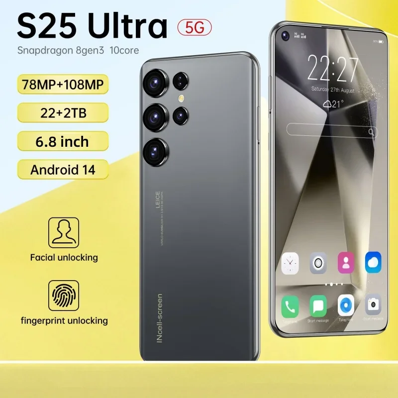 

Мобильные телефоны S25 Ultra 6,8 HD экран смартфон оригинальный 22G + 2T телефон на две Sim-карты Android разблокированный 7800 МП мАч S24 Ultra