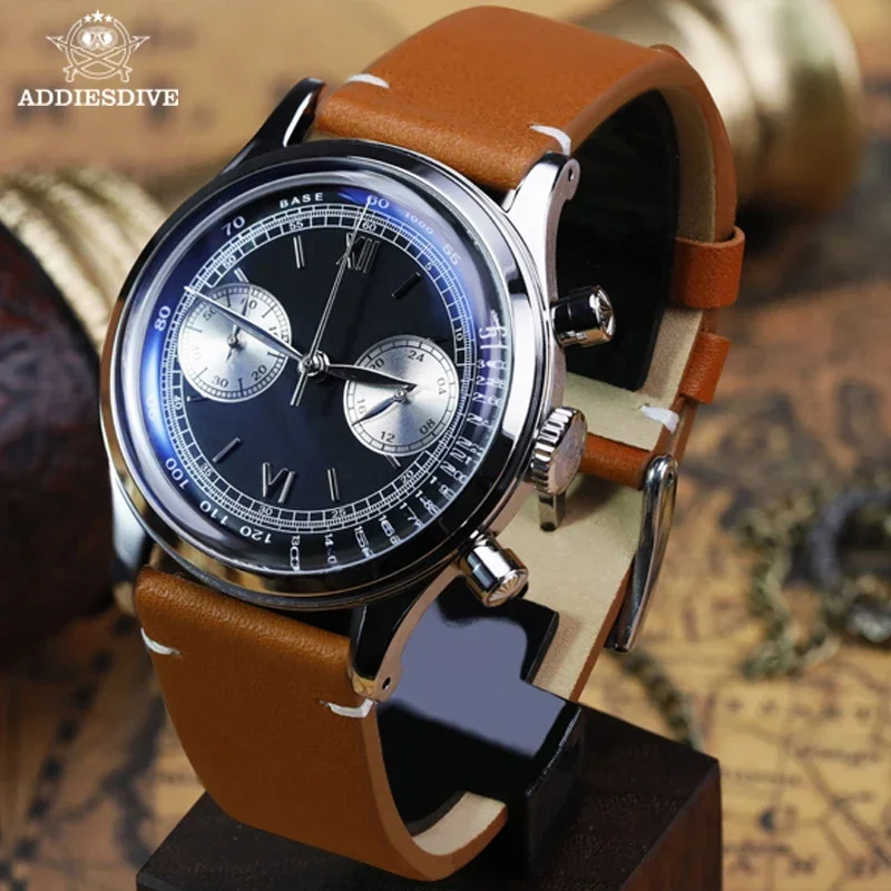 

ADDIESDIVE Business Men's Quartz Watch Retro Leather Black Dial Multifunctional Chronograph 60min Watches 100m Diver Wristwatch