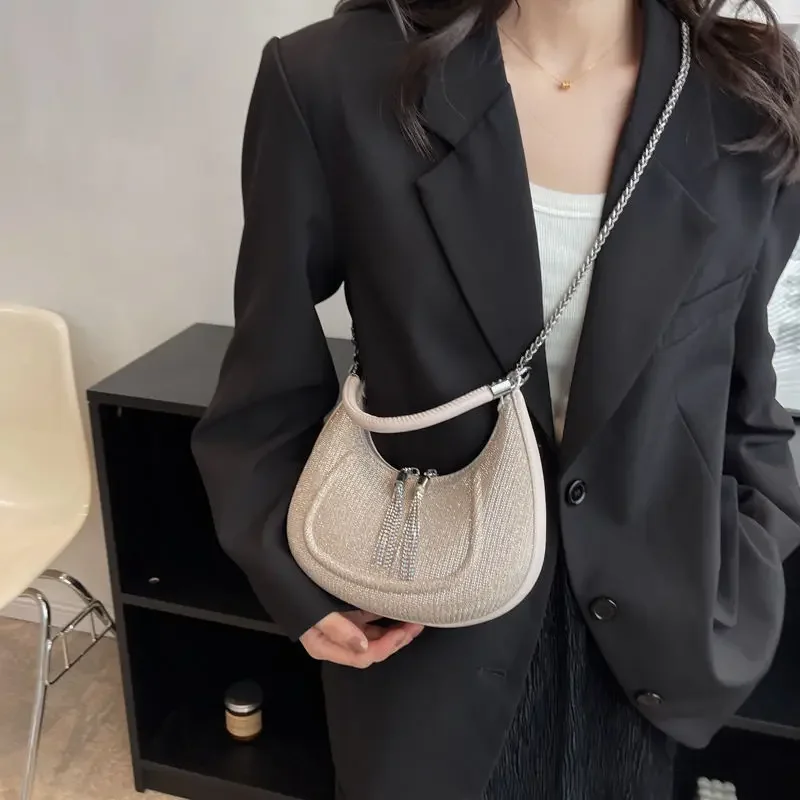 

Luxury Design Shiny Diamond Silver Women's Handbag Advanced Small Fragrant Fashion Chain Crossbody Bag Dinner Bag