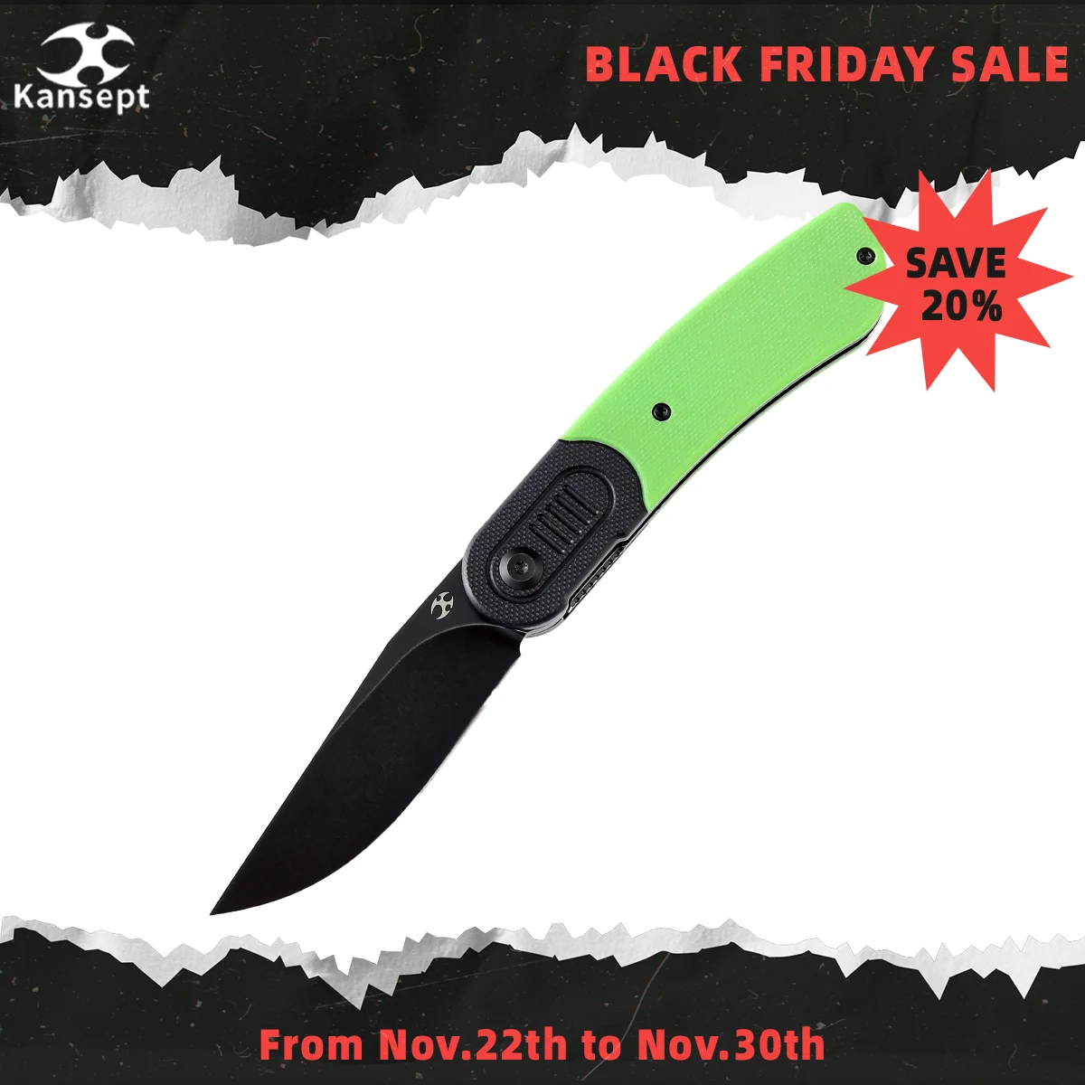 

Kansept Reverie T2025B2 Folding Knives Black Stonewashed 154CM with Black and Green G10 Handle for Camping Hunting EDC Carry