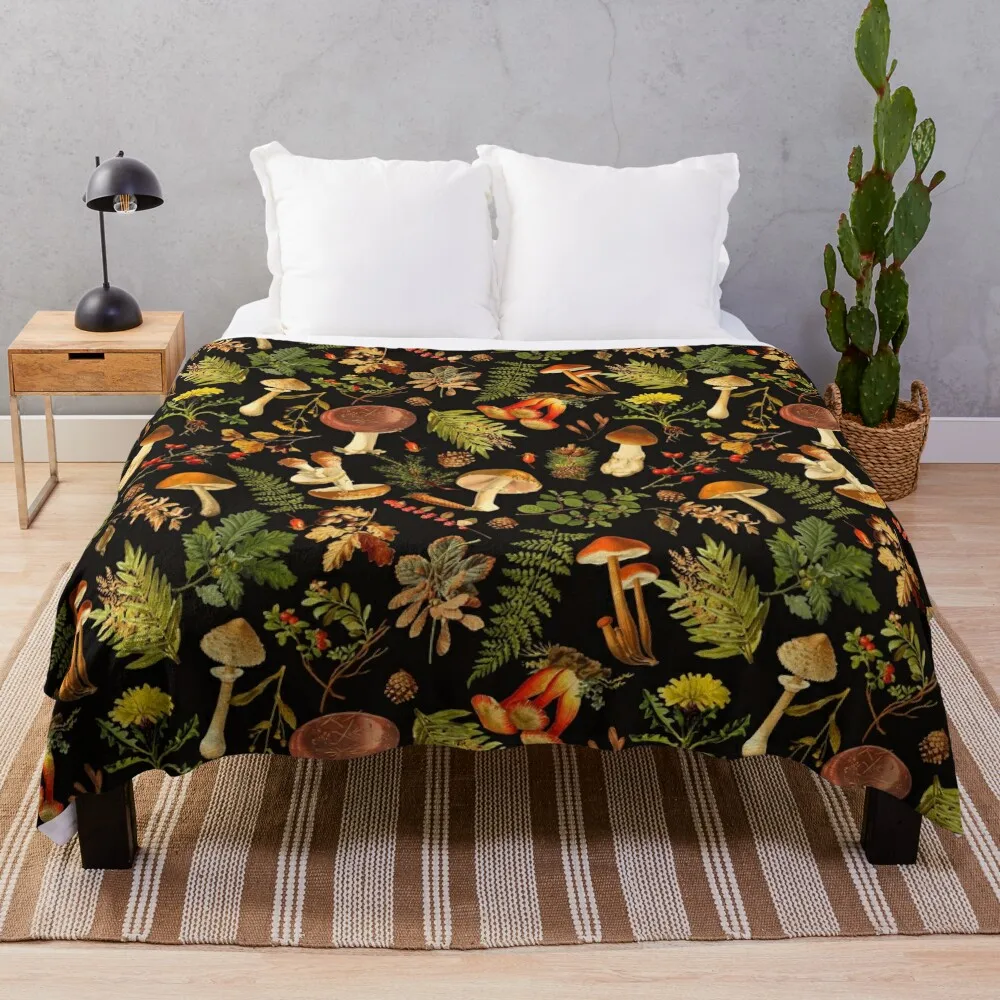 

Vintage toxic mushrooms forest pattern on black Throw Blanket anime Quilt For Decorative Sofa Blankets