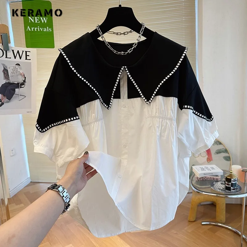 2024 Summer Casual Chic Style Peter pan Collar Patchwork Blouses Women's Single Breasted Loose Fit ELegant Short Sleeve Shirts
2024 Summer Casual Chic Style Peter pan Collar Patchwork Blouses Women's Single Breasted Loose Fit ELegant Short Sleeve Shirts