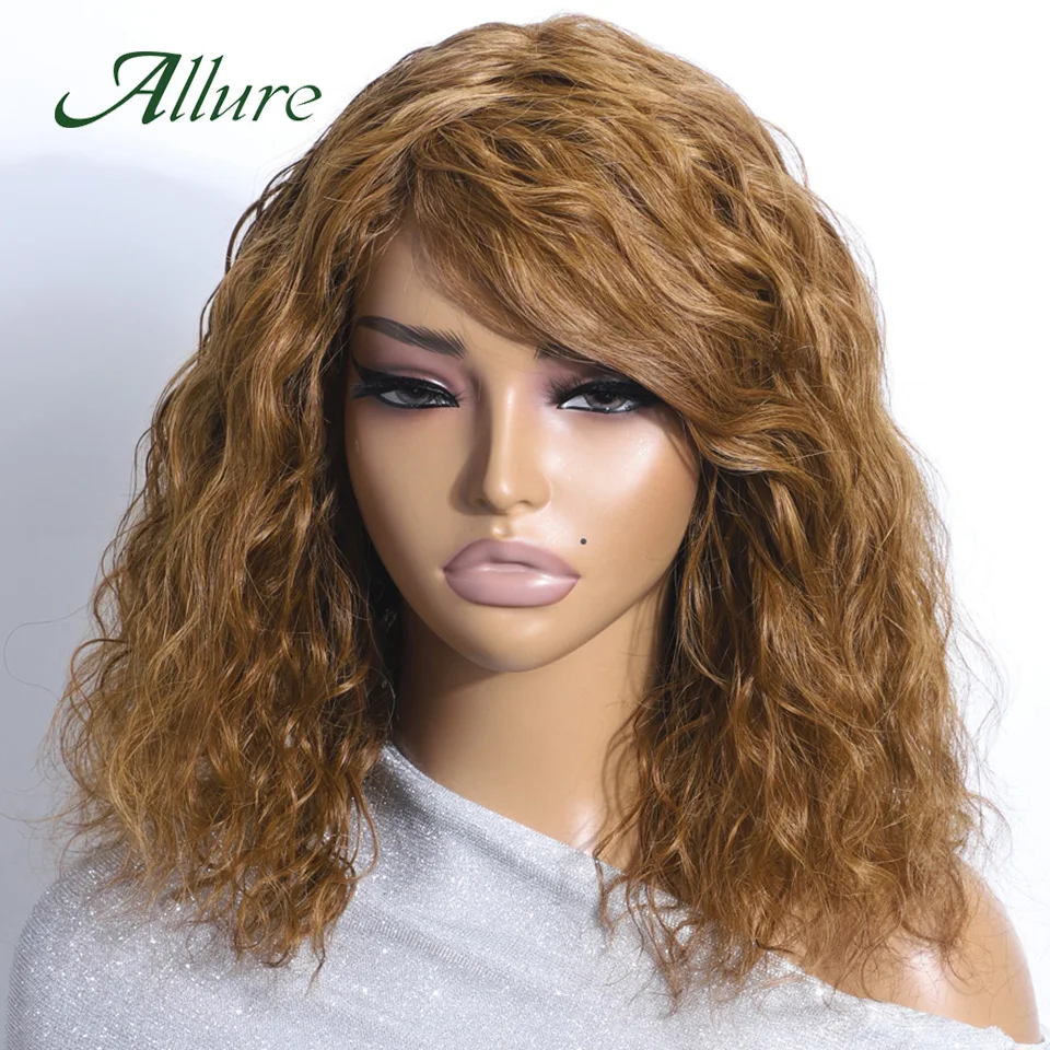 

Brazilian Water Curly Hair Wig With Bangs Short Bob Human Hair Wigs For Black Women Honey Blonde Hair Full Machine Wig Allure