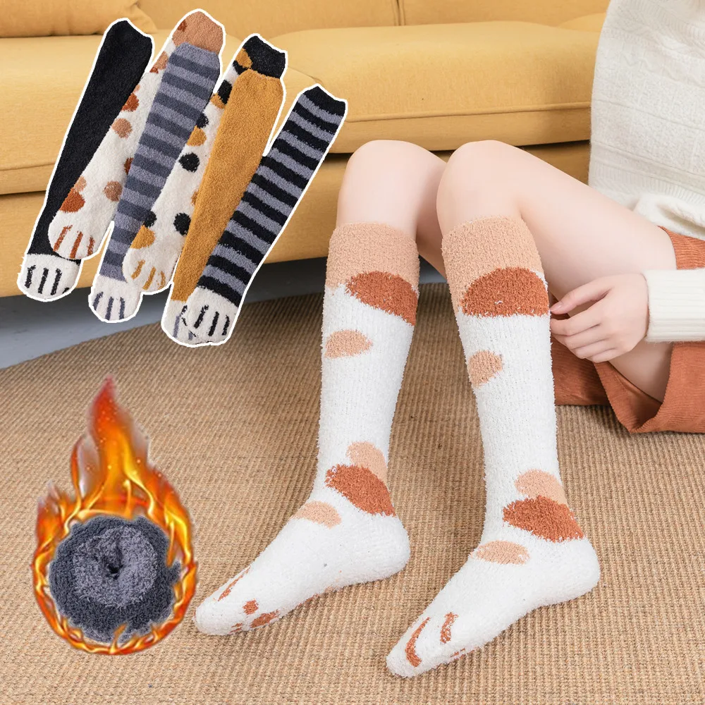 

Cat Paw Winter Socks Long Stripe Cute Floor Sleep Thick Girls Cartoon Animal Fingers Warm Sock For Women Hosiery Cat Foot Knee
