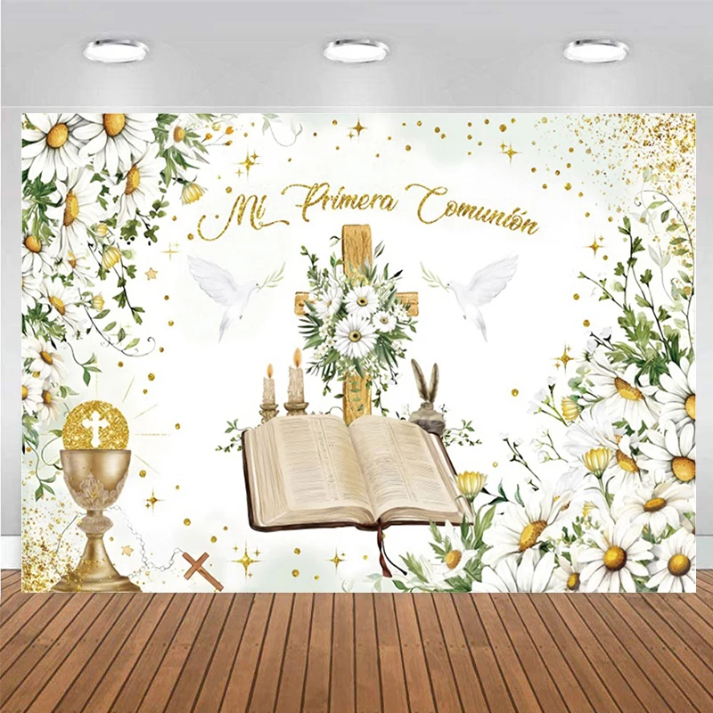 

My First Communion Personalised Backdrop Boy Girl Christening Baptism Decorations Banner Holy Bible Daisy Background Photography